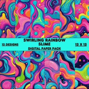 Rainbow Slime Cartoon Look Digital Paper Pack 12 Unique Designs 300 DPI PNG JPG Instant Digital Download Scrapbooking 12x12 Commercial Use