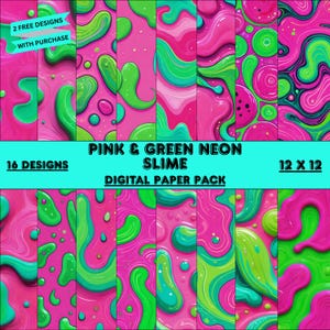 Neon Slime 3D & Cartoon Look Digital Paper Pack 20 Unique Designs 300 DPI PNG JPG Instant Digital Download Scrapbooking 12x12 Commercial Use