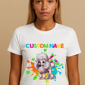 Camiseta personalizada con nombre de perro, camiseta de perro chibi de dibujos animados, camiseta colorida personalizada para mascota