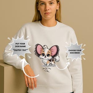 Sudadera con capucha de Papillon personalizada con nombre de perro: sudadera de dibujos animados Chibi personalizada para regalar.