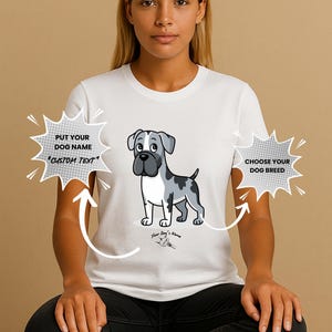 Camiseta personalizada de gran danés con nombre de perro: camiseta de dibujos animados chibi para amantes de los perros gigantes gentiles.