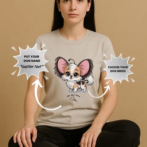 Papillon Chibi Cartoon Tee with Dog Name – Personalized T-Shirt for Butterfly-Eared Dog Fans,