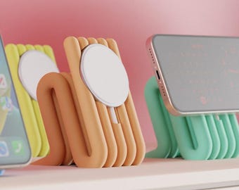 Art Deco MagSafe Phone Stand, Modern Minimalist Accent Wireless Charger Dock, Squiggle Workstation Organizer