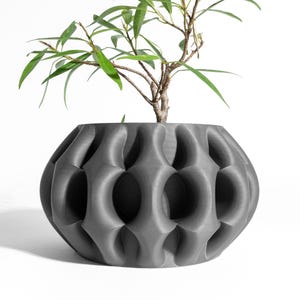 May include: A gray, textured, decorative planter with a unique, geometric design. The planter holds a small tree with green leaves and brown branches. The planter is made of a solid material and sits on a white surface.