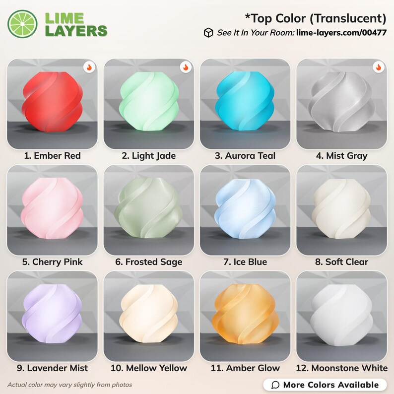 May include: A collection of twelve translucent, spiraled, spherical objects labeled Lime Layers. Colors include Ember Red, Light Jade, Aurora Teal, Mist Gray, Cherry Pink, Frosted Sage, Ice Blue, Soft Clear, Lavender Mist, Mellow Yellow, Amber Glow, and Moonstone White.