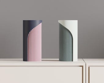 Unique Two-Tone Fluted Cylinder Vase, Modern Architectural Tabletop Accent, Nordic Style, Geometric Stylish Holder