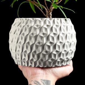 May include: A light gray, spherical plant pot featuring a repeating geometric, faceted surface pattern. The pot has a wide, open top and is shown against a solid black background, containing a small green plant with thin, pointed leaves.