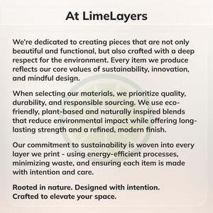 May include: A white informational card with the heading At LimeLayers in black text. The body text describes a commitment to sustainability, eco-friendly materials, and energy-efficient processes. A faint green lime slice graphic is centered.