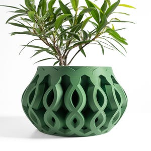 May include: A green decorative plant pot with a geometric openwork design. The pot is filled with a small green plant with long, thin leaves. The pot has a rounded shape and is made of a solid material.