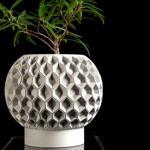 May include: A spherical light gray planter featuring a repeating geometric honeycomb pattern across its surface. The planter sits on a solid white cylindrical base and contains a small green plant with thin, pointed leaves extending upward.