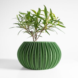 May include: A round, green planter with a textured, vertically ribbed exterior featuring a cross-stitch pattern between the ribs. A small, leafy green plant with thin, pointed leaves grows out of the top of the container, which is set against a plain white background.
