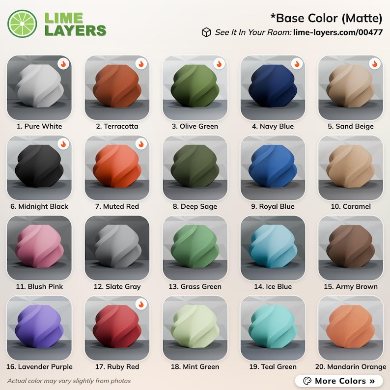 May include: A color chart featuring twenty matte-finish, spiraled, spherical objects labeled Lime Layers. The grid displays various shades including white, terracotta, olive, navy, sand, black, red, sage, blue, caramel, pink, gray, green, and orange.