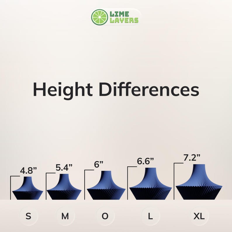 May include: Image shows five blue decorative objects of varying heights, labeled S, M, O, L, and XL. The heights are 4.8", 5.4", 6", 6.6", and 7.2" respectively. The text "Height Differences" is displayed above the objects. The Lime Layers logo is in the top right corner.