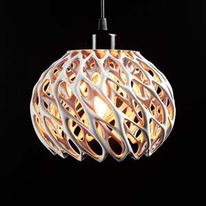 May include: A white pendant light fixture featuring a complex, interconnected lattice structure that forms a spherical shape. The design includes a central light bulb emitting a warm glow, suspended by a black cord and a black ceiling mount.