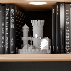 May include: A white 3D-printed castle model sits on a wooden shelf between a collection of books. The books have black spines and white text. The castle features turrets and arched doorways.