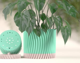 Stylish Original Ribbed Twisted Planter Pot, Integrated Drip Tray, Contemporary Geometric Sculptural Statement, Decor