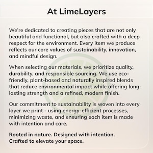 May include: Text on a white background reads "At LimeLayers." The text below describes the company's commitment to sustainability, eco-friendly materials, and mindful design. The text also mentions the company's core values.