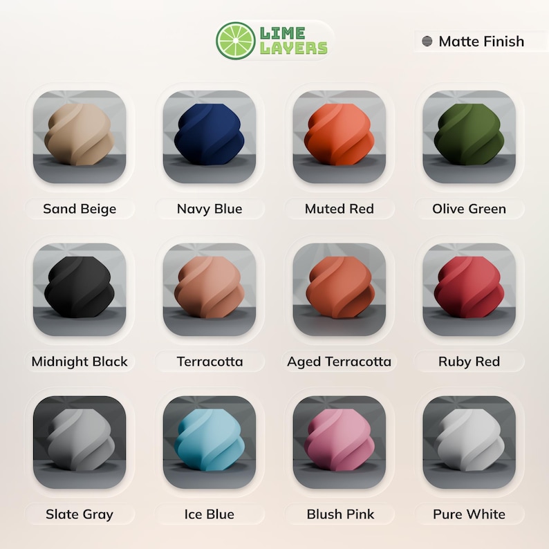 May include: A product display featuring twelve matte finish, abstract, spherical objects in various colors. Colors include sand beige, navy blue, muted red, olive green, midnight black, terracotta, aged terracotta, ruby red, slate gray, ice blue, blush pink, and pure white. The Lime Layers logo is in the top left.