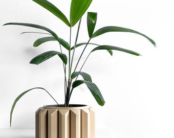 May include: A potted plant with long, slender, dark green palm leaves extending outward. The plant is housed in a cylindrical, light beige planter featuring a series of vertical, angular, geometric ridges around its exterior surface.