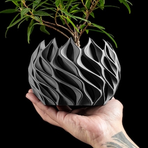 May include: A gray, wave-patterned planter holding a small green plant with long, thin leaves. The planter is round and has a textured surface. The background is solid black, highlighting the plant and planter.
