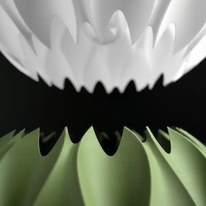 May include: A white and a light green pendant lamp shade, each featuring a series of deep, vertical, pointed pleats that create a sharp, serrated edge. The two shades are positioned vertically, one above the other, against a black background.
