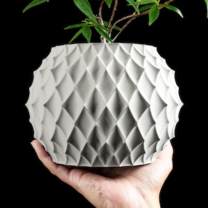 May include: A white, textured, geometric planter with a diamond pattern, held in a hand. The planter is round with a scalloped edge and contains a small green plant. The background is black.
