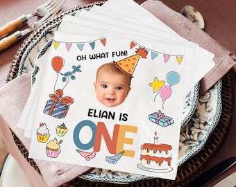 Personalized First Birthday with Photo Cocktail Napkins, Birthday Party Decor
