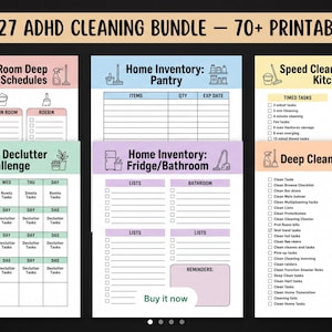 May include: A 2026-2027 ADHD cleaning bundle featuring 70+ printable pages. The collection includes a room-by-room deep cleaning schedule, a 30-day declutter challenge, home inventory sheets for the pantry and fridge/bathroom, and a deep clean checklist.