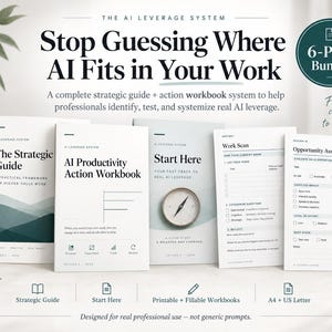 May include: A 6-PDF bundle titled The AI Leverage System featuring a strategic guide, action workbook, and assessment sheets. The documents include text such as Stop Guessing Where AI Fits in Your Work, Start Here, Work Scan, and Opportunity Assessment.