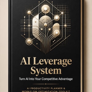Può includere: Un libro nero intitolato "AI Leverage System" con lettere dorate e un design geometrico dorato. Il testo "Turn AI Into Your Competitive Advantage" è sotto il titolo. Il libro dice anche "AI Productivity Planner & Workflow Optimization Toolkit."