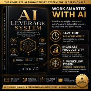 Può includere: Copertina di un libro con il titolo "AI LEVERAGE SYSTEM" in oro. Presenta strategie di produttività AI, tra cui risparmio di tempo, aumento della produttività e sistemi di flusso di lavoro AI. Destinato a professionisti e imprenditori.