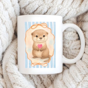 Custom Otter w. Pink Heart Mug | Personalized Text w. Playful Otter in Pastel Art Frames, Modern Ceramic Coffee Cup, Valentine's Day Gift