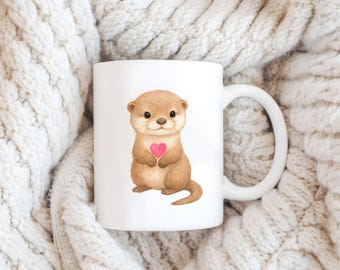 Tasse à café romantique personnalisée en céramique | Mug couple personnalisé, texte personnalisé In My Era, loutres avec. Cœur et fleur roses, cadeau de mariage