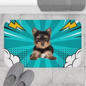 Custom Pet Bath Mat with Vibrant Comic Design, Dog Lover Gift, Bathroom Decor, Pet-Themed Home Decor, Unique Animal Mat, Pop Art Modern Rug