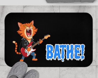 Tapis de bain Rockin' Cat | Tapis tigre rock & roll, salle de bain amusante pour enfants, cadeau pour amoureux des chats, décoration inspirée de la musique, tapis de bain amusant, décoration d'intérieur amusante