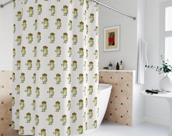 Rideau de douche grenouille idiote mignonne avec tasse de café | Motif grenouille drôle de café rétro, humour pince-sans-rire, art animalier lunatique, grenouille endormie dans une serviette