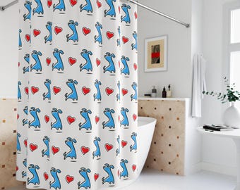 de douche bleu moderne à motif chien | Motif teckel coeur rouge, dessin au trait minimaliste dessiné à la main, cadeau pour amoureux des chiens, salle de bain chic française