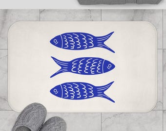 Tapis de bain charme aquatique avec motif poisson bleu, décoration de salle de bain sardines, ambiance côtière, cadeau pour les amoureux de la mer, accessoire de maison moderne et relaxant
