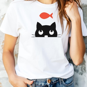 Cute Black Cat Dreaming of Fishing Minimal Unisex Jersey T-Shirt - Fun Gift for Cat Moms and Fishing Lovers Friends and Family