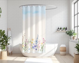 de douche aquarelle prairie de fleurs sauvages | Rideau de salle de bain fleuri Sky Top | Salle de bains Jardin botanique | Cadeau de pendaison de crémaillère pour amoureux de la nature