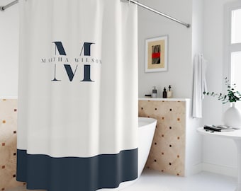 de douche minimaliste à monogramme | Décoration initiale personnalisée pour salle de bain, monogramme du nom complet en blocs de couleurs, maison moderne, salle de bain de style hôtel de luxe