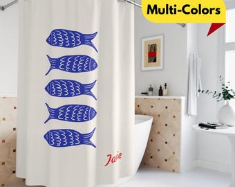 de douche à colonne de poisson bleu minimaliste personnalisé | Décoration de salle de bain nautique aquatique moderne | Options multicolores | Nom personnalisé
