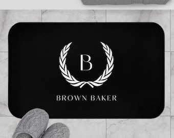 Tapis de bain minimaliste en forme de couronne de laurier à monogramme B | Tapis de salle de bain initial personnalisé, nom complet personnalisé, motif feuille moderne