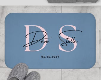 Tapis de bain personnalisé pour couple | Nom et date personnalisés | Décoration d'intérieur romantique | Cadeau de mariage | Décoration d'anniversaire | Spa à domicile | Saint-Valentin