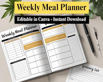 Ultimate Weekly Meal Planner and Grocery List Template, 7 Day Menu Plan, Food Journal, Health & Fitness Tracker, Printables