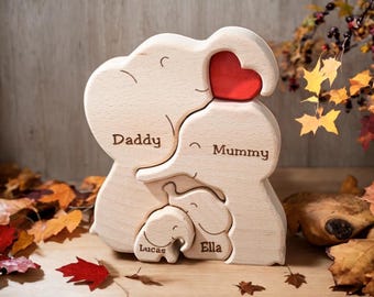 Rompecabezas familiar de madera personalizado con elefantes / Regalo familiar personalizado / Arte de elefante de madera / Recuerdo familiar