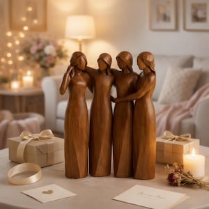 May include: A wooden sculpture of four figures in long dresses, embracing each other. The figures are a warm brown color. The background includes a lit lamp, candles, and gift boxes with bows, suggesting a cozy, decorative theme.