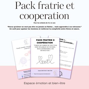 Può includere: Un set di tre fogli di lavoro stampabili per fratelli e sorelle, intitolato "Pack Fratrie & Cooperation". I fogli di lavoro sono progettati per aiutare i bambini ad imparare a gestire le proprie emozioni e a migliorare i loro rapporti con i loro fratelli e sorelle. Il testo sui fogli di lavoro recita "Parce qu'aimer ne veut pas dire ne jamais se facher... mais apprendre à se retrouver." e "Grandir ensemble, c'est aussi comprendre."