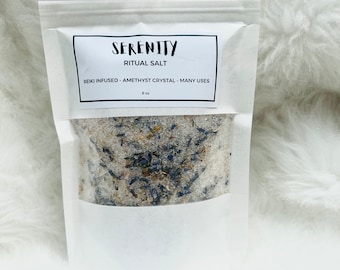 Serenity Ritual Salts Reiki Infused Salt Calming Salt Relaxation Bath Soothing Bath Salts Relaxing Ritual Bath Salt Bath & Amethyst Crystal