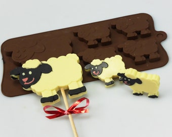 4+1 Sheep Lamb Farm Animal -  Novelty Chocolate Silicone Mould Candy Lolly Cake Topper Silicon Mold - resin / craft / wax / soap